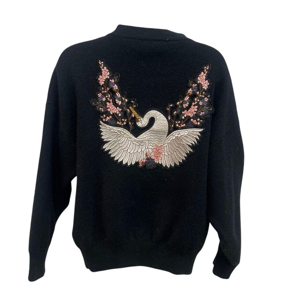 Vtg Blk Rabbit Wool Cardigan Sweater Wings Swan Embroidered Patches Zip up W S/M